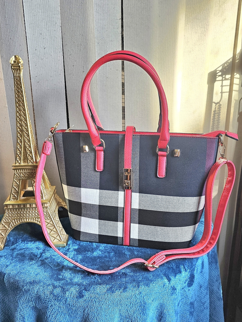 Stylish Black Plaid Tote with Pink Trim - Women Bags
